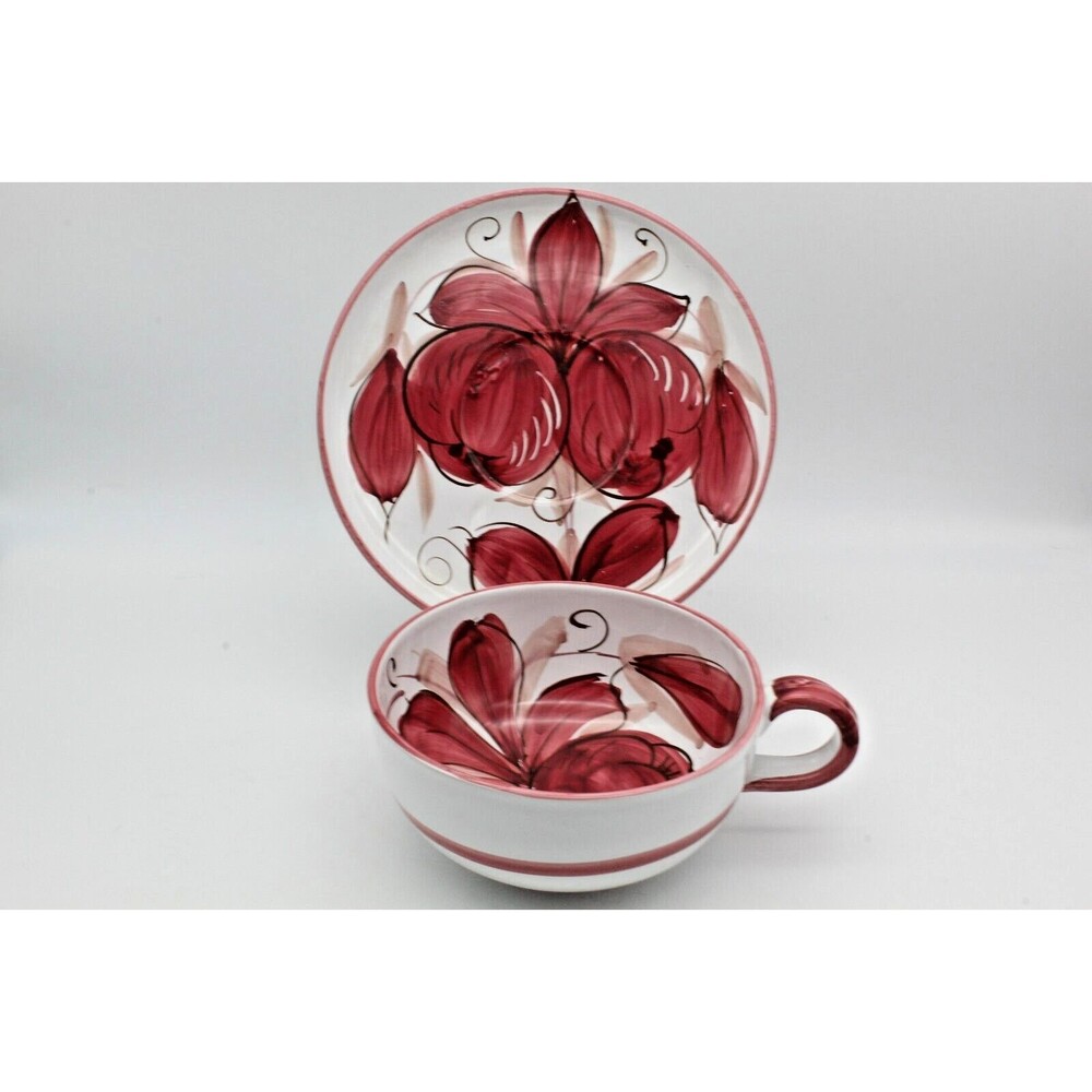 Italian Pottery Cup & Saucer Floral Hand Painted Coffee Tea VTG Oversize